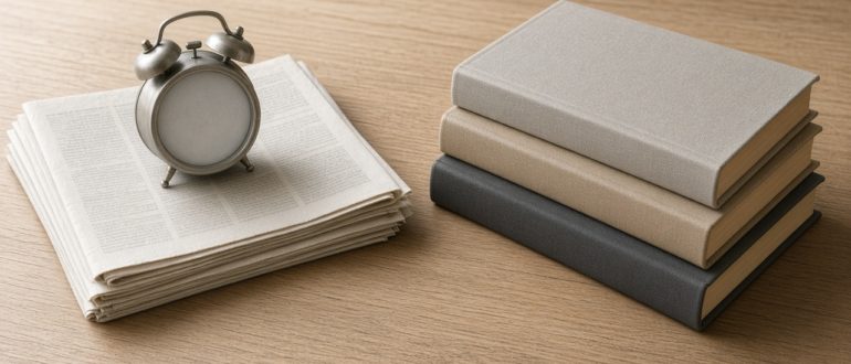 Газета с часами слева и стопка книг без названий справа