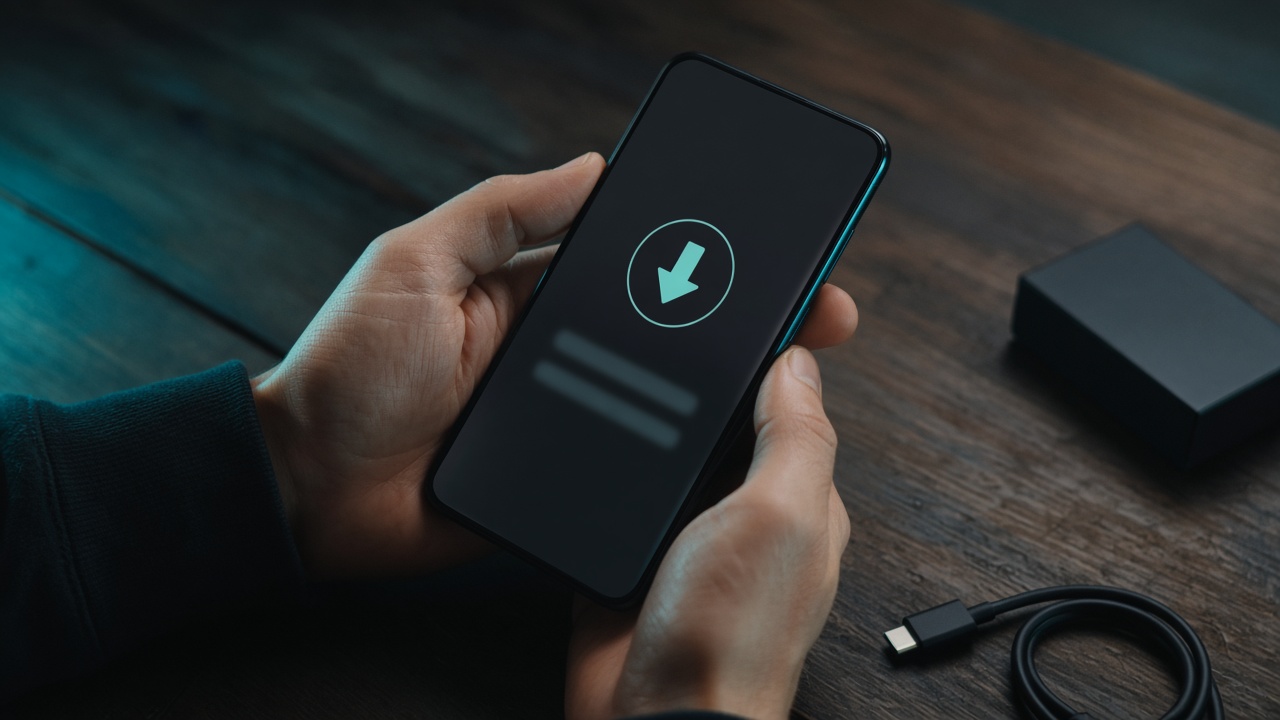 Смартфон в руке со стрелкой загрузки — установка приложения на Android