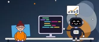 Девушка за столом и чёрный робот у монитора с разноцветным кодом, над роботом карточка с растущим графиком