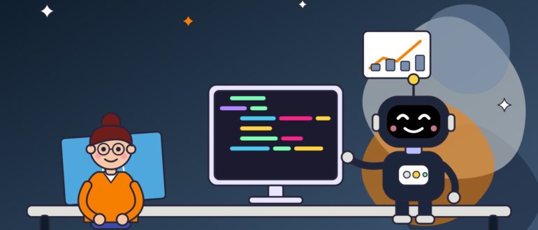 Девушка за столом и чёрный робот у монитора с разноцветным кодом, над роботом карточка с растущим графиком
