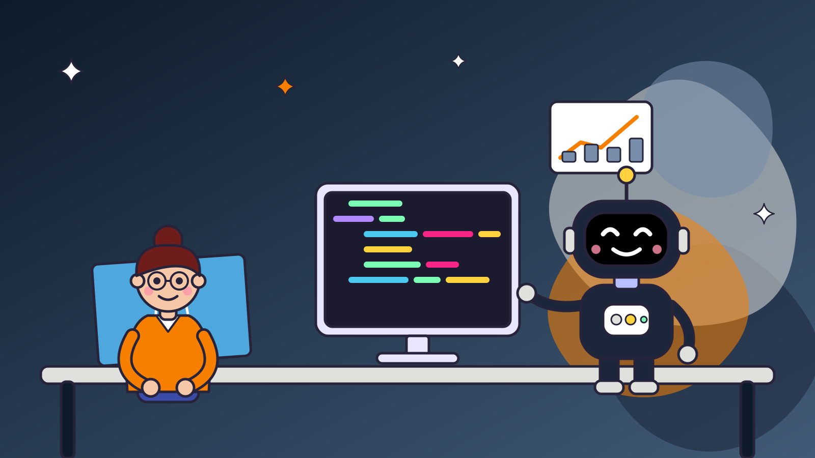 Девушка за столом и чёрный робот у монитора с разноцветным кодом, над роботом карточка с растущим графиком