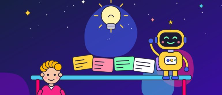 Девушка раскладывает карточки с заданиями перед весёлым роботом, над ними светится лампочка идеи