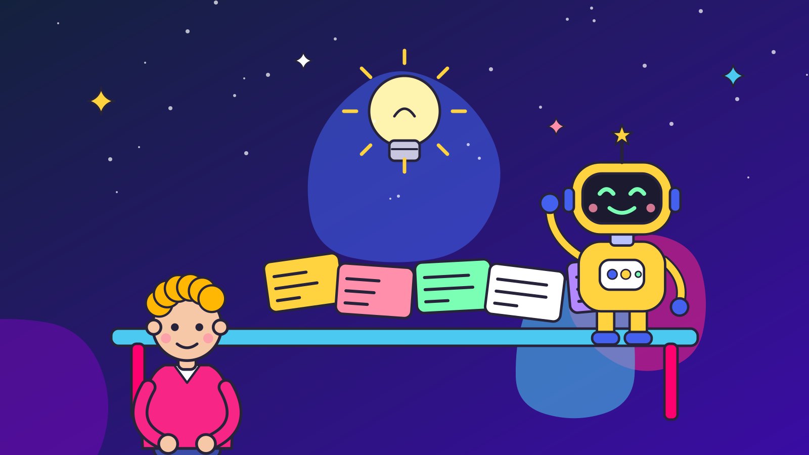 Девушка раскладывает карточки с заданиями перед весёлым роботом, над ними светится лампочка идеи